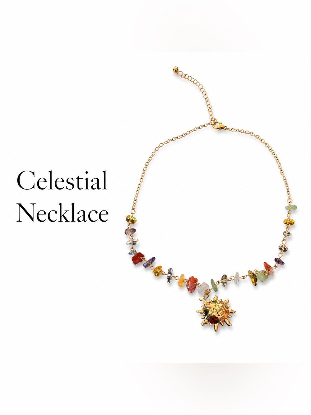 Celestial Sun Charm Gemstone Necklace Gold Tone Boho Festival Jewelry
